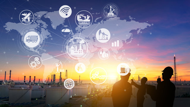 Engineering team is working at the oil and gas refinery factory zone in large energy industrial ,and physical system icons concept, Industry 4.0 concept at sunset. image
