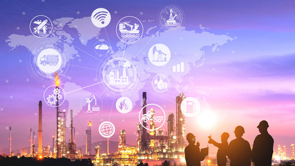 Engineering team is working at the oil and gas refinery factory zone in large energy industrial ,and physical system icons concept, Industry 4.0 concept at sunset. image