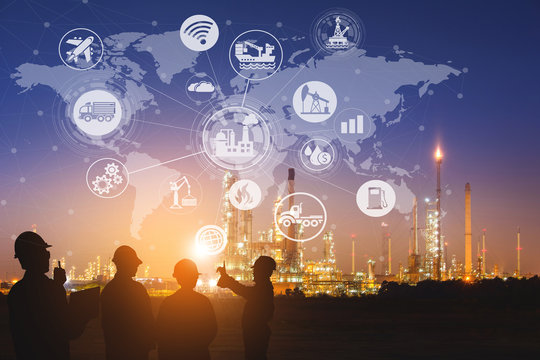 Double exposure Silhouette of the engineering team is working at the oil and gas refinery in a large energy industrial ,and physical system icons concept, Industry 4.0 concept. - Powered by Adobe