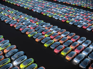 electric cars waiting to be shipped aerial view of big parking lot 3d illustration