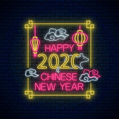 Naklejka na ściany i meble Happy Chinese New 2020 Year of white rat greeting card design in neon style. Chinese sign for banner, flyer, invitation