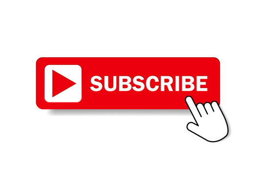 Red button subscribe of channel with hand cursor. Subscribe button in flat style. Label subscribe for video channel for website. vector