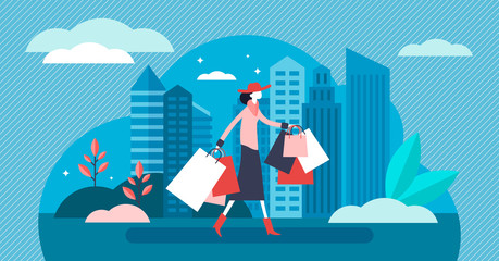 Shopping vector illustration. Flat tiny new purchase process person concept
