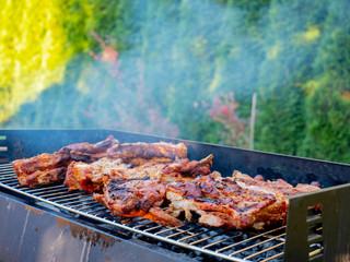 grilled barbecue pork ribs with smoke