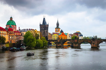 Old Town architecture, Charles Bridge and  Vltava river in Prague, Czech Republic.