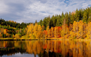mountain lake with pines and birches in autumn season