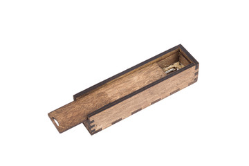 Original wooden box for handmade ballpoint pen on a white background.