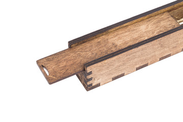 Original wooden box for handmade ballpoint pen on a white background.