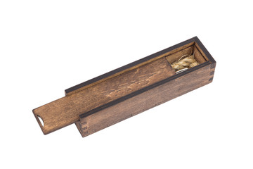 Original wooden box for handmade ballpoint pen on a white background.