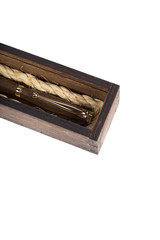 Beautiful wooden box with ballpoint pen inside on a white background.