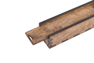 Original wooden box for handmade ballpoint pen on a white background.
