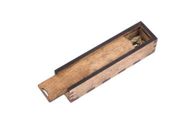 Original wooden box for handmade ballpoint pen on a white background.