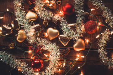Fototapeta na wymiar Christmas lights and decorative Ornaments