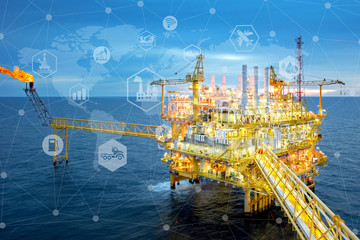 Double exposure   of rig,and icons flow automation and data exchange in manufacturing technologies...