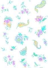 Obraz premium Fantasy flowers, traditional Jacobean embroidery style. Seamless pattern, background. Vector illustration in neon colors isolated on white background..
