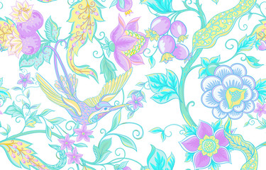 Fantasy flowers, traditional Jacobean embroidery style. Seamless pattern, background. Vector illustration in neon colors isolated on white background..