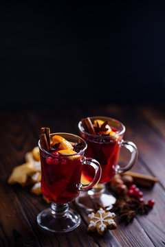 Christmas Home Atmosphere. Cozy And Warming Winter Drink. Hot Mulled Wine, Delightful Festive Sweets And Spices