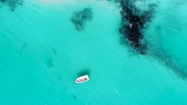 Aerial drone view of Belle Mare paradise coast and beach on tropical island of Mauritius. Toned footage.