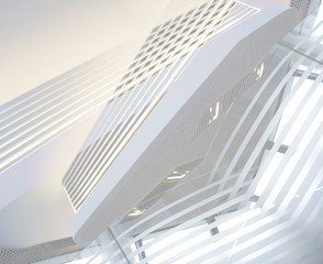 Digitally rendered illustration of futurstic architecture or modern office building interior with lath and glass structures of pitched ceiling and walls. Geometric compostion in light gray halftones.