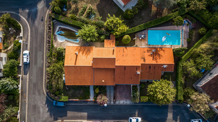 Aerial drone View of typical Toulouse red brick house in South France
