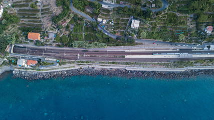 Overhead aerial view of railway along the sea between Corniglia and Manarola