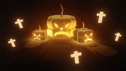 3d illustration of 3 size of halloween pumpkin with fire glow light inside with little glow cross in the empty space dark background 