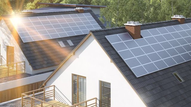 solar panels on the roof of a modern suburban home house 3D Animation