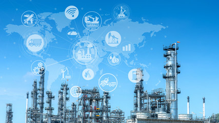 Double exposure of engineer holding walkie talkie are working orders the oil and gas refinery plant. Industry petrochemical concept image and icon connecting networking using technology.