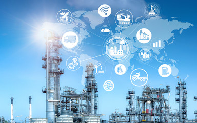 Double exposure of oil refinery industry and icon connecting networking for information and using...