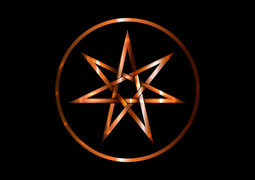 Seven point star or septagram, known as heptagram. Metal round bronze Elven or Fairy Star, magical or wiccan witchcraft heptagram symbol. Heptagon mystic sign. Witches runes, wicca divination symbols