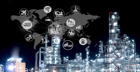 Industry 4.0 Oil refinery and double exposure icon concepts, networking and data exchange and modern technology for the world industrail.