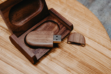 Wooden usb flash drive in a box of solid wood. Handwork.