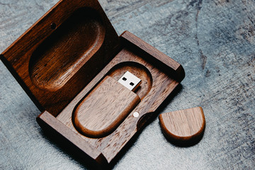 Wooden usb flash drive in a box of solid wood. Handwork.