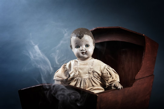 Scary Abandoned Old Baby Doll In A Cradle With Mist