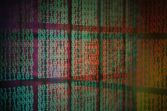 double exposure image of computer screen displayed lines of binary code information. big data and ai artificial intelligence analysis concepts. virus infections spyware malware privacy policy themes.