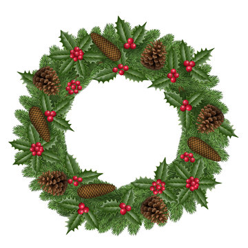 christmas pine wreath with holly leaves, berries and pinecones