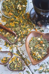 Healthy herbal concept. Tea for a beautiful complexion on a wooden table.