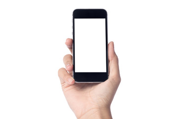 Woman hand holding modern smartphone display and touch screen mobile isolated on white background.