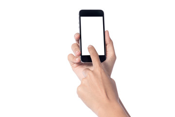 Woman hand holding modern smartphone display and touch screen mobile isolated on white background.