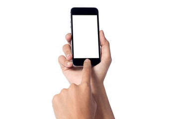 Woman hand holding modern smartphone display and touch screen mobile isolated on white background.