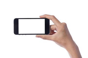 Woman hand holding modern smartphone display and touch screen mobile isolated on white background.