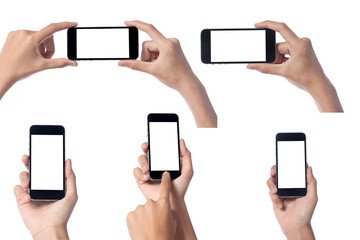 Woman hand holding modern smartphone display and touch screen mobile isolated on white background.