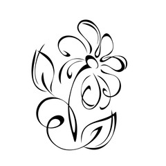 ornament 926. decorative blooming flower on a short stalk with leaves and curls in black lines on a white background