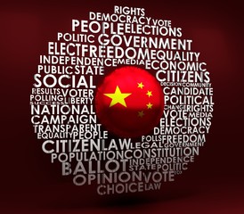 Words cloud relative for voting. Circle frame. Flag of the China. 3D rendering