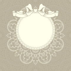 Vintage background with lace frame and ribbon for greeting card, invitation or announcement