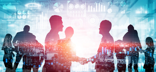Double exposure image of many business people conference group meeting on city office building in...
