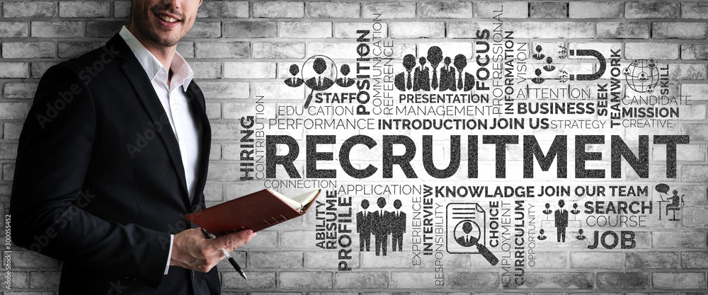 Poster human resources recruitment and people networking concept. modern graphic interface showing professi