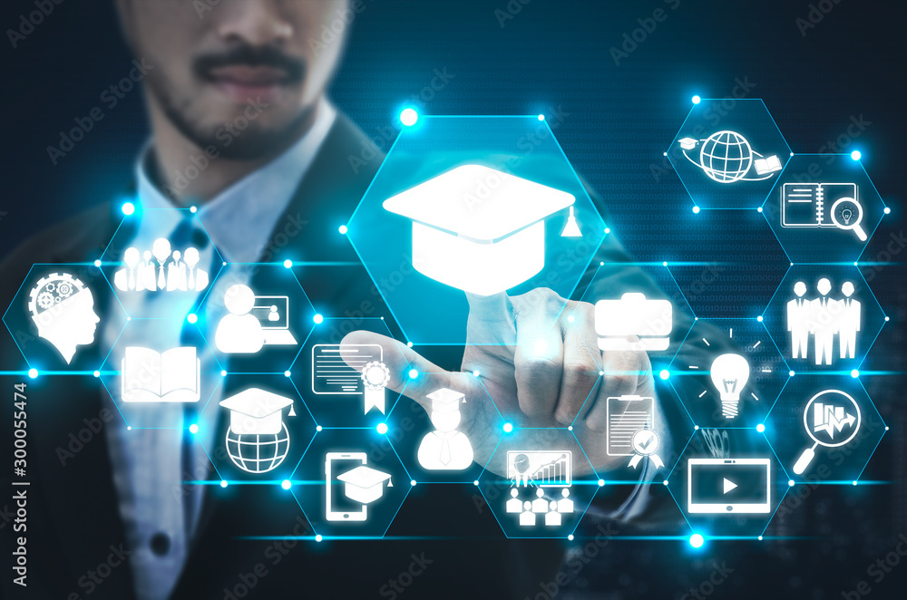 Poster e-learning and online education for student and university concept. graphic interface showing techno