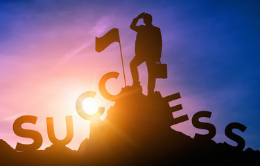 Achievement and Business Goal Success Concept - Creative business people with icon graphic...