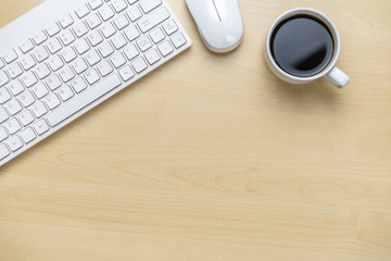 Office desk workspace and table background from top view above flat lay objects. Modern minimal design desktop for creative working. Minimalism concept.